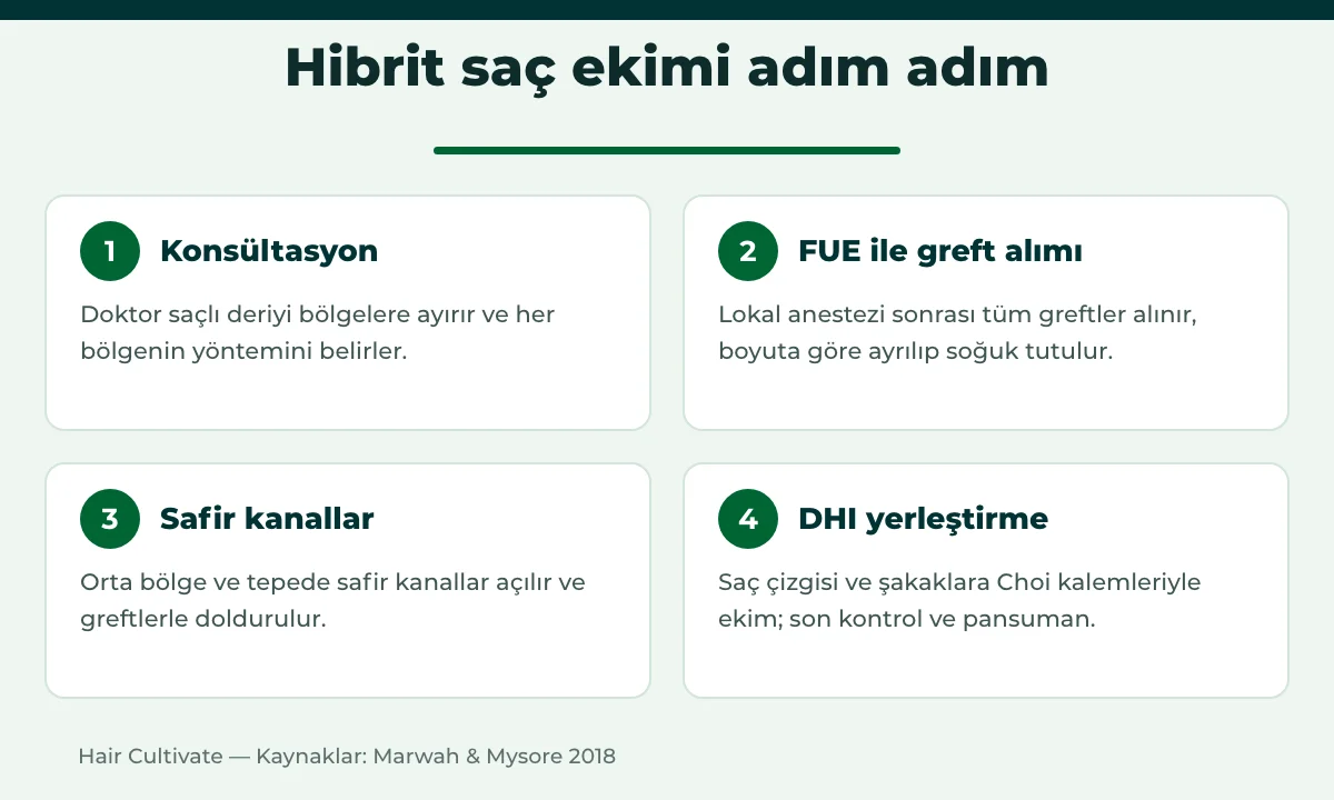 Hibrit saç ekimi adımları: bölge planı, FUE ile greft alımı, safir kanallar ve DHI