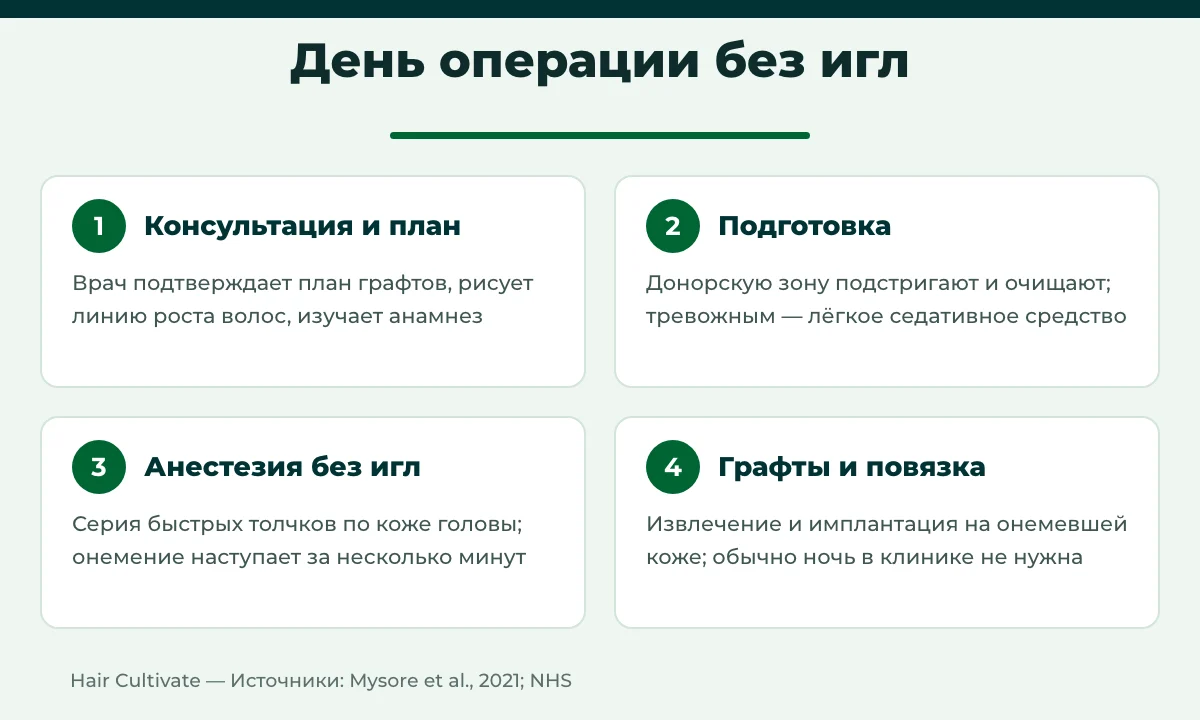 Инфографика: что ждёт в день операции — пересадка волос без игл, от консультации до повязки