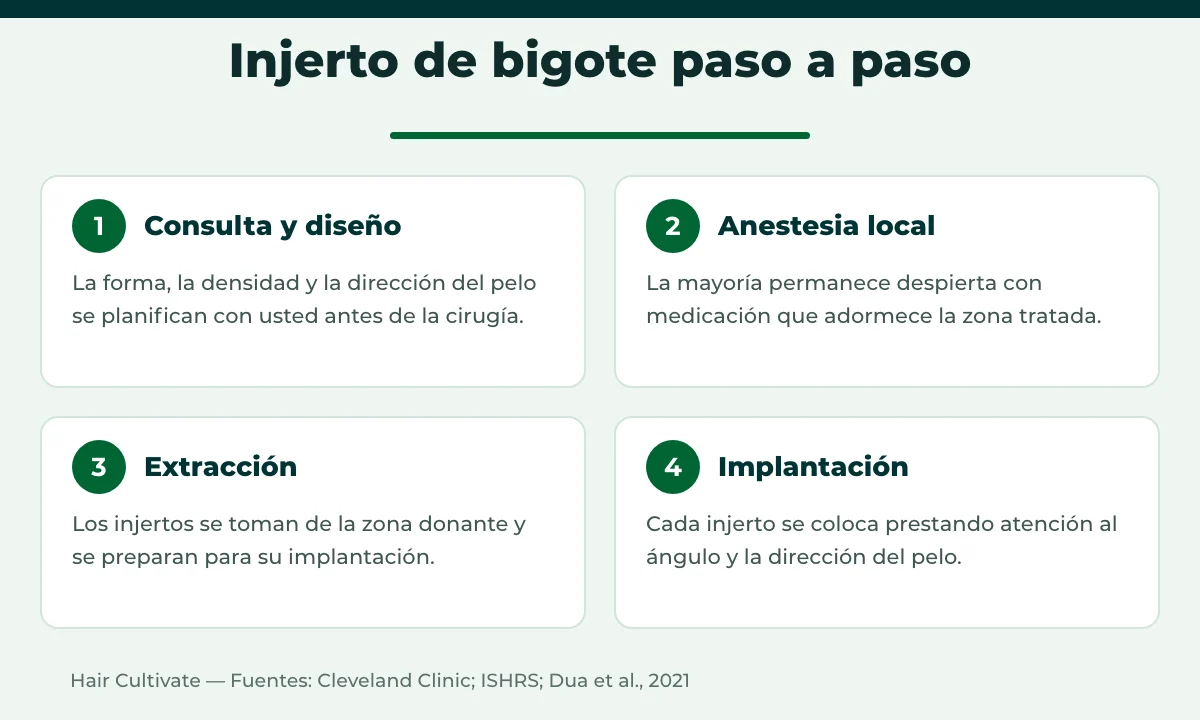 Pasos del injerto de bigote en Turquía: consulta y diseño, anestesia local, extracción e implantación