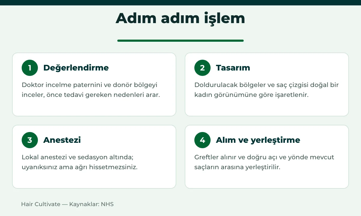 Kadınlarda saç ekimi adımları: değerlendirme, tasarım, anestezi, greft alımı ve yerleştirme