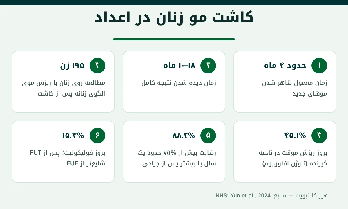 اینفوگرافیک اعداد کاشت مو زنان در ترکیه: زمان رشد، ریزش موقت و رضایت بیماران