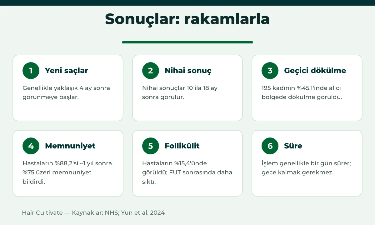Kadınlarda saç ekimi sonuçları: çıkış takvimi, geçici dökülme, memnuniyet ve follikülit