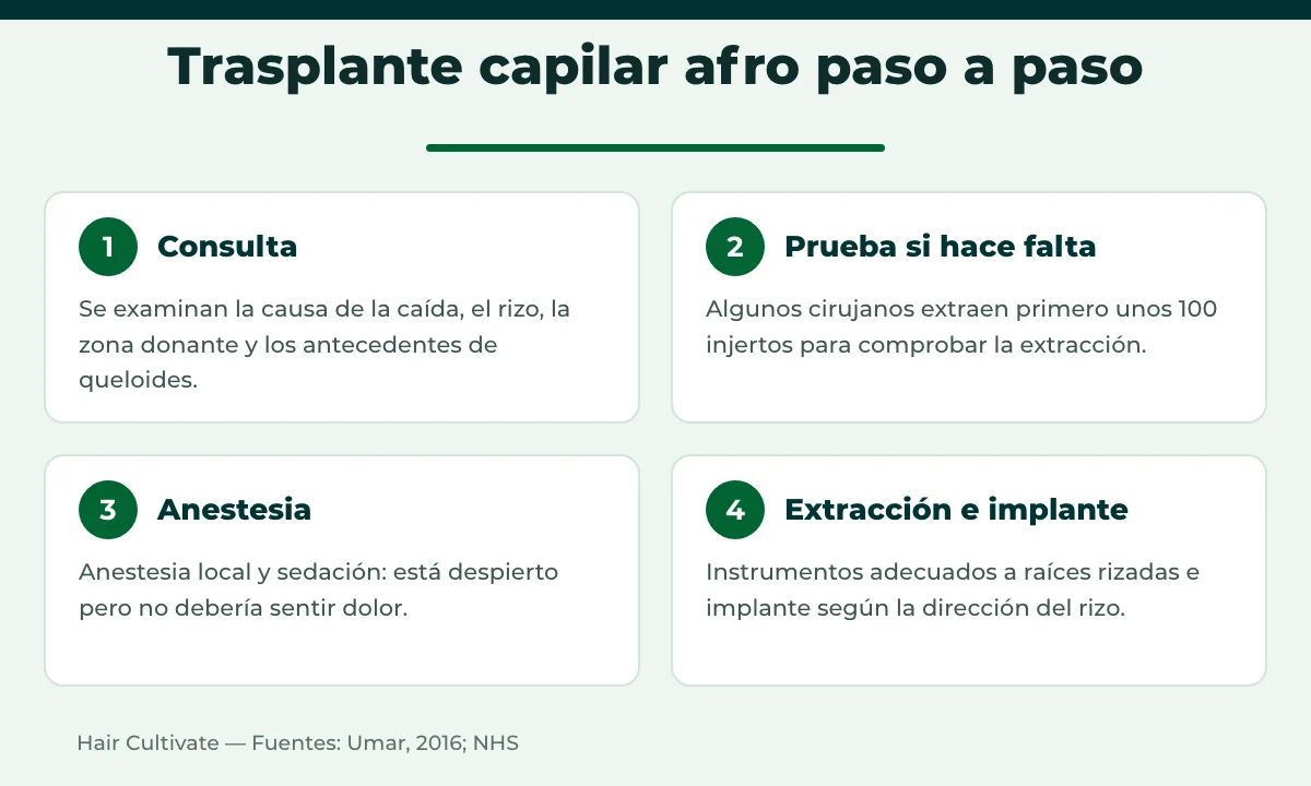 Pasos del trasplante capilar afro en Turquía: consulta, extracción de prueba, anestesia e implantación
