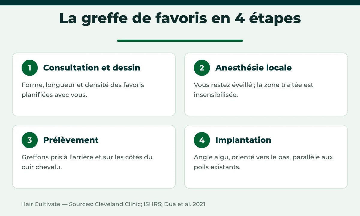 Étapes d’une greffe de favoris en Turquie : dessin, anesthésie, prélèvement, implantation