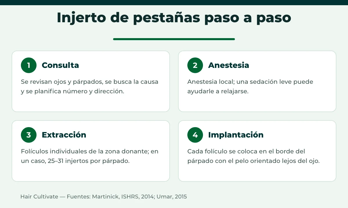 Pasos del injerto de pestañas en Turquía: consulta, anestesia local, extracción e implantación