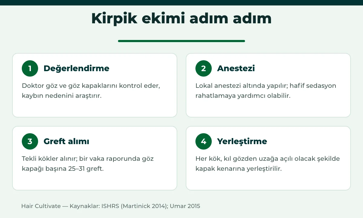 Kirpik ekimi adımları: göz değerlendirmesi, lokal anestezi, greft alımı ve yerleştirme