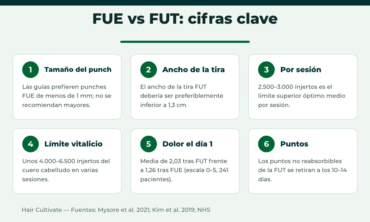 Cifras clave de FUE vs FUT: tamaño del punch, anchura de la tira y límites seguros de injertos por sesión