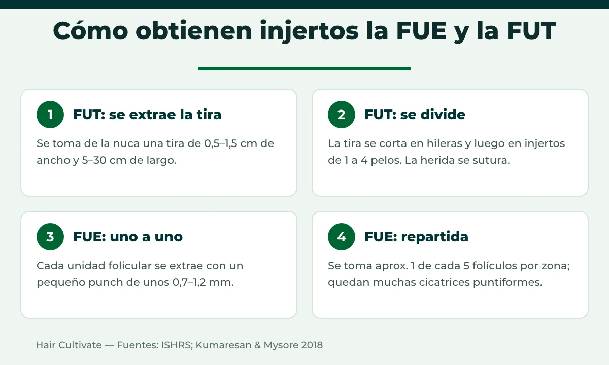Extracción en FUE vs FUT comparada: retirada y división de la tira frente a la extracción uno a uno con punch