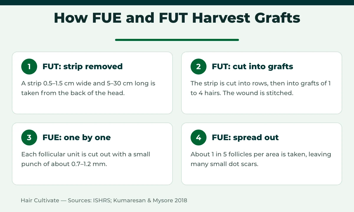 FUE vs FUT harvesting compared: strip removal and dissection versus one-by-one punch extraction