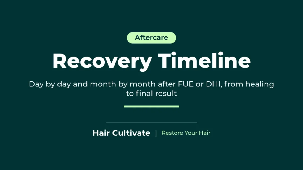 Hair transplant recovery timeline after FUE and DHI, day by day and month by month