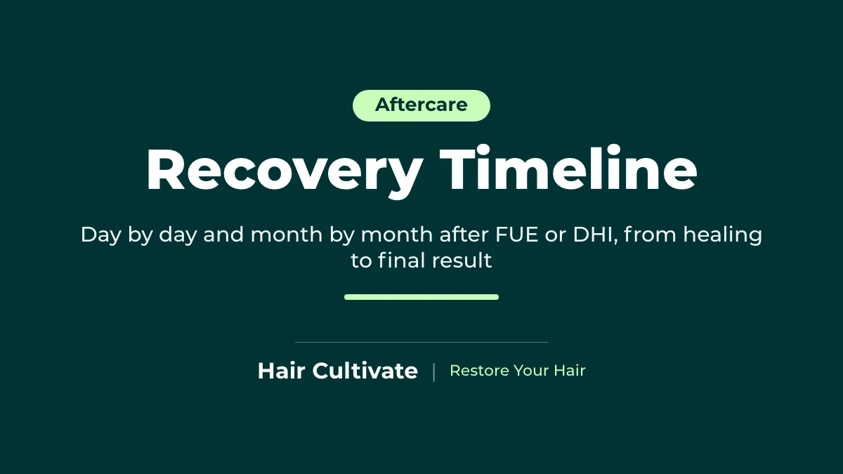 Hair transplant recovery timeline after FUE and DHI, day by day and month by month