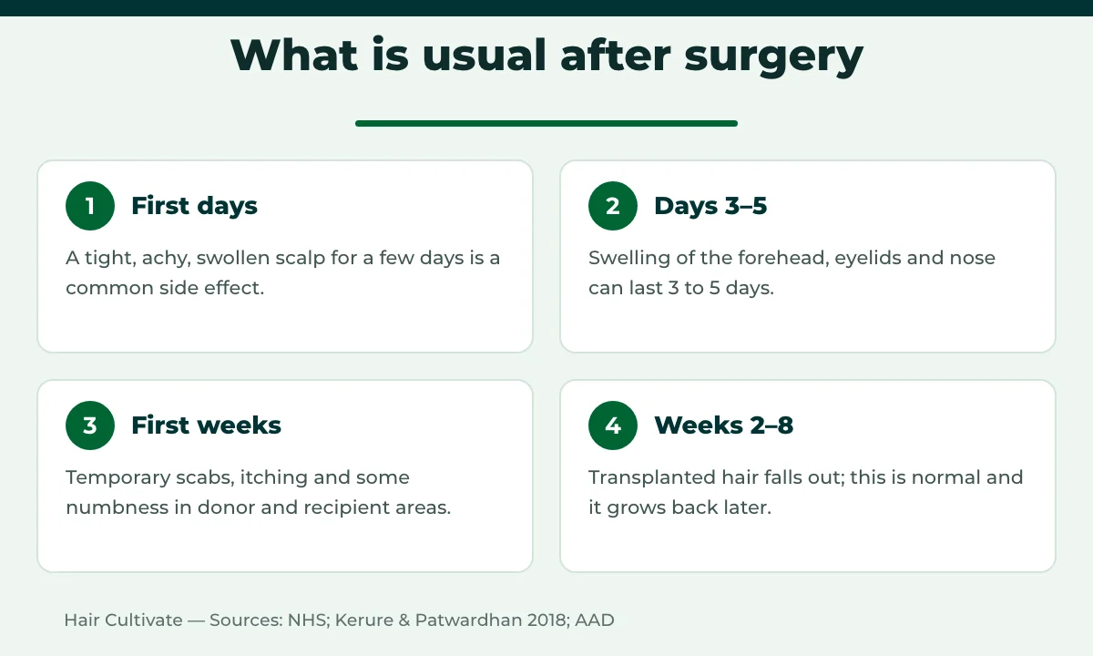 Timeline of common hair transplant side effects in the first weeks
