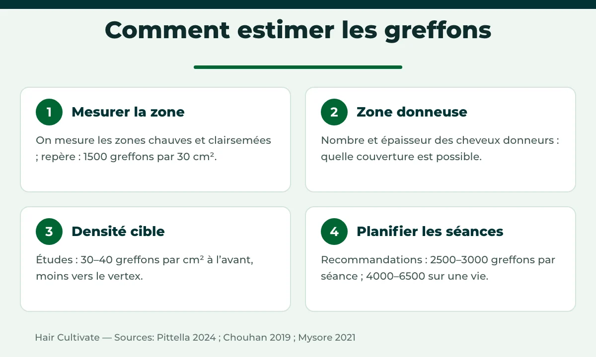 Quatre étapes utilisées par le chirurgien pour savoir combien de greffons il faut