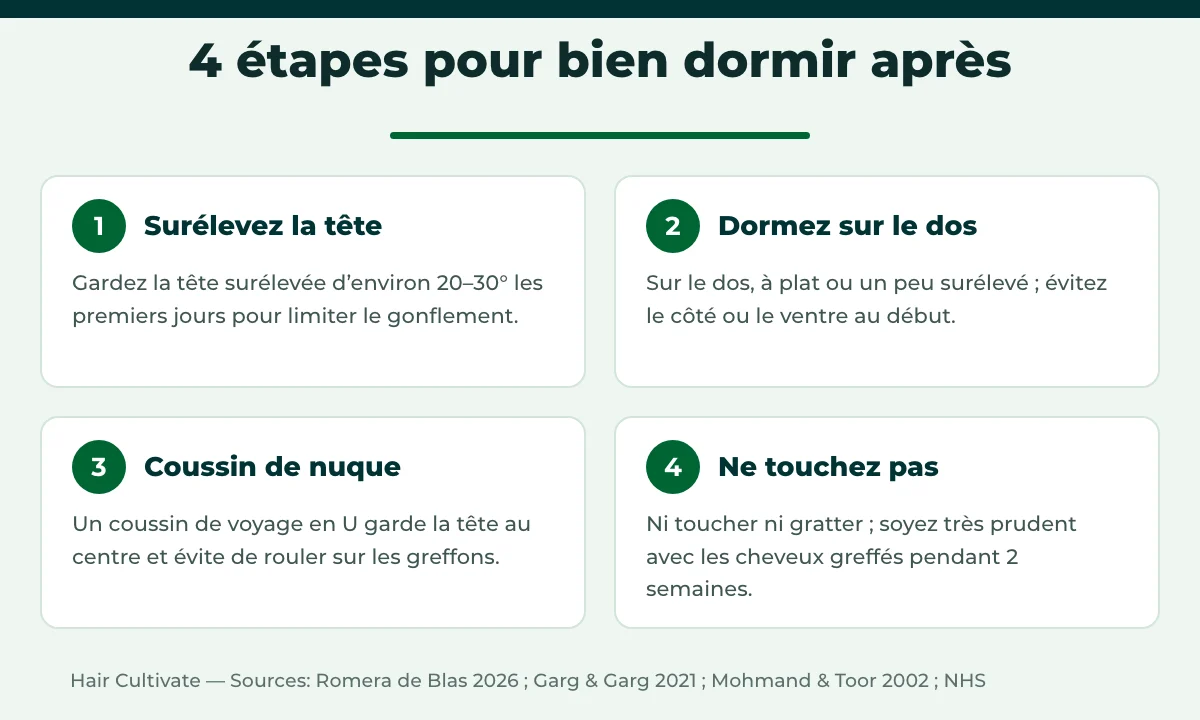 Étapes pour dormir après greffe de cheveux : tête surélevée, sur le dos, coussin de nuque, sans toucher